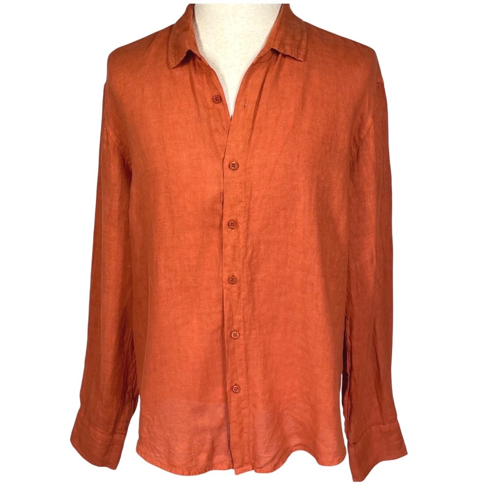 Full Stone Nice France Mens L Burnt Orange 100% Linen Shirt Made in Italy *READ